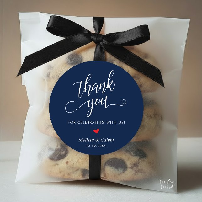 Adesivo Redondo Cute Little Heart Modern Wedding Thank You Gifts (Cute Little Red Heart Modern Classy Wedding Thank You Gifts Classic Round Sticker in Navy Blue)