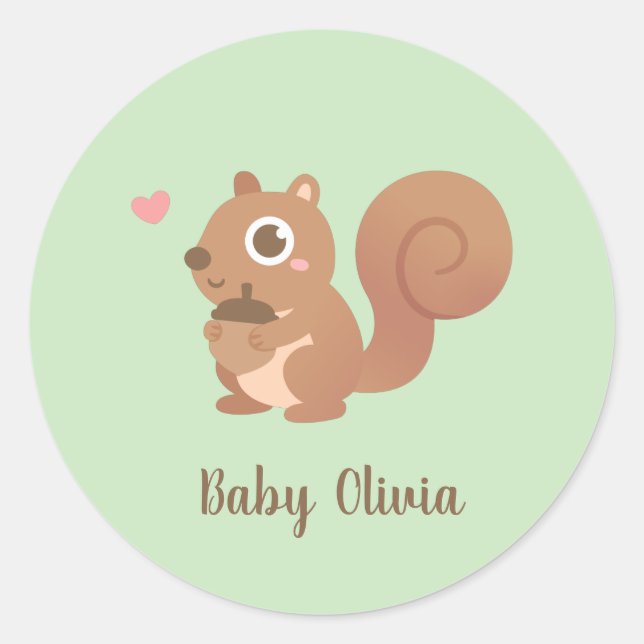 Adesivo Redondo Cute Little Squirrel Segurando Acorn Kids Name (Frente)
