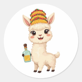 Adesivo Redondo Cute Llama Taco Tequila Sticker - Kawaii Food Fun