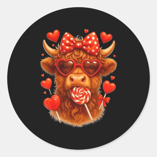 Adesivo Redondo Cute Lollip Highland Cow Valentine's Day Red Heart (Frente)