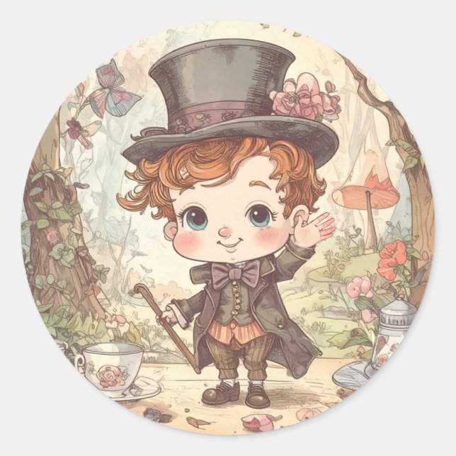 Adesivo Redondo Cute Mad Hatter Whimsical Wonderland Woodland Art (Frente)