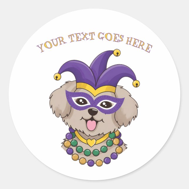 Adesivo Redondo Cute Mardi Gras Puppy Dog Custom Text (Frente)
