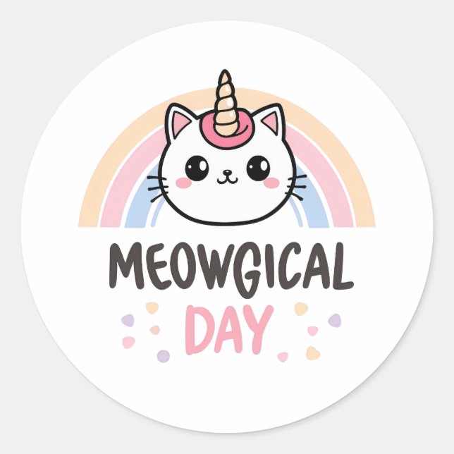 Adesivo Redondo Cute "Meowgical Day" Caticorn (Frente)