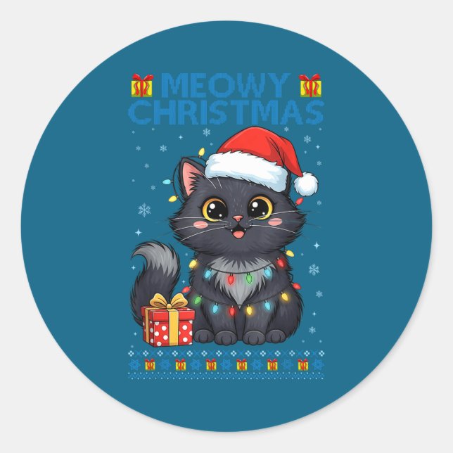 Adesivo Redondo Cute Meowy Christmas Cat – Kawaii Holiday Kitty Te (Frente)