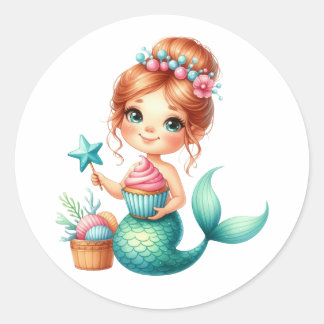 Adesivo Redondo Cute Mermaid Birthday Sticker Ocean Party Labels 