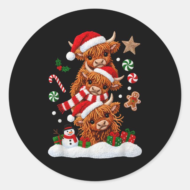 Adesivo Redondo Cute Merry Christmas Highland Cow Christmas Santa  (Frente)