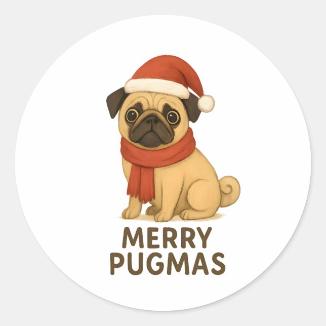 Adesivo Redondo Cute Merry Pugmas Festive Holiday Pug (Frente)