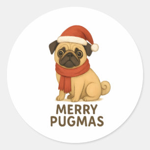 Adesivo Redondo Cute Merry Pugmas Festivo Feriado Pug