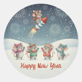Adesivo Redondo Cute Mice Happy New Year Fireworks