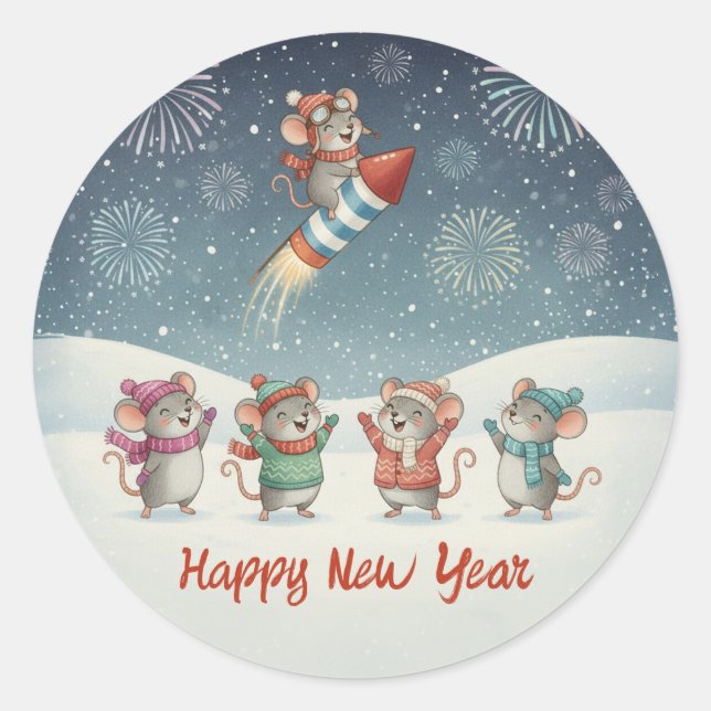 Adesivo Redondo Cute Mice Happy New Year Fireworks (Frente)