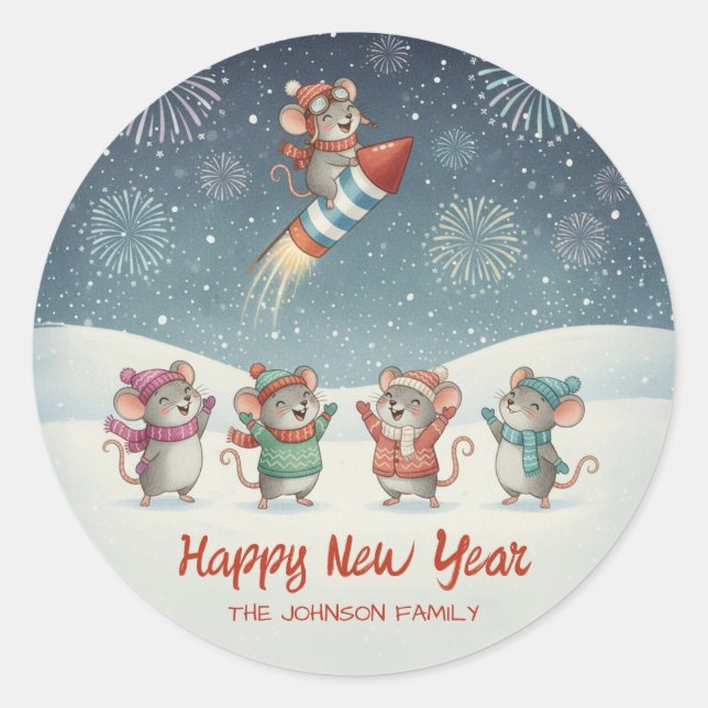 Adesivo Redondo Cute Mice Happy New Year Fireworks (Frente)