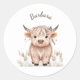Adesivo Redondo Cute Modern Boho Highland Cow, Nome Personalizado