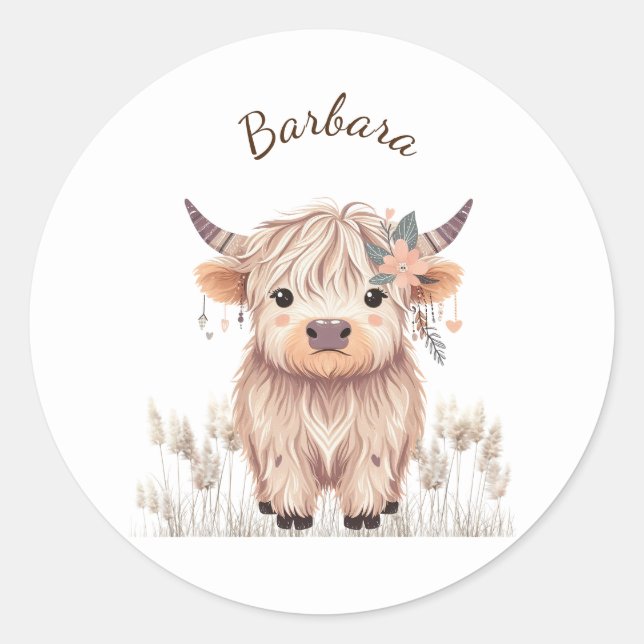 Adesivo Redondo Cute Modern Boho Highland Cow, Nome Personalizado (Frente)