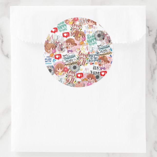 Adesivo Redondo Cute Motivational – Positive Quote Kawaii  (Bolsa)