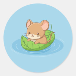 Adesivo Redondo Cute Mouse in a Leaf Boat Blue