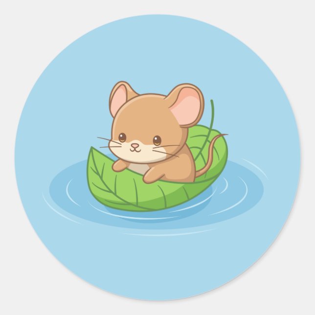 Adesivo Redondo Cute Mouse in a Leaf Boat Blue (Frente)