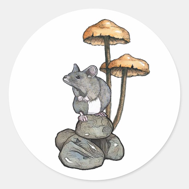 Adesivo Redondo Cute Mouse Standing on Rocks, with Mushrooms (Frente)