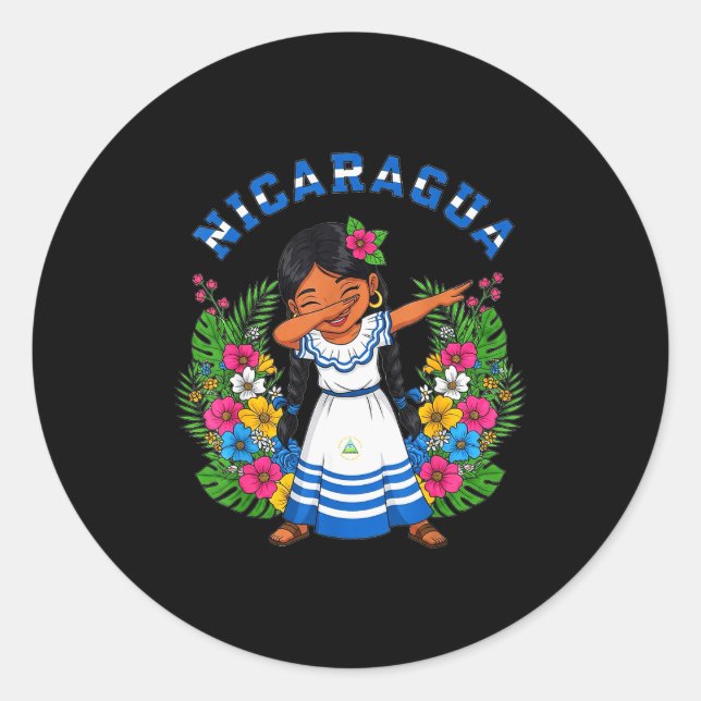 Adesivo Redondo Cute Nicaragua Girl Dabbing Traditional Dress With (Frente)