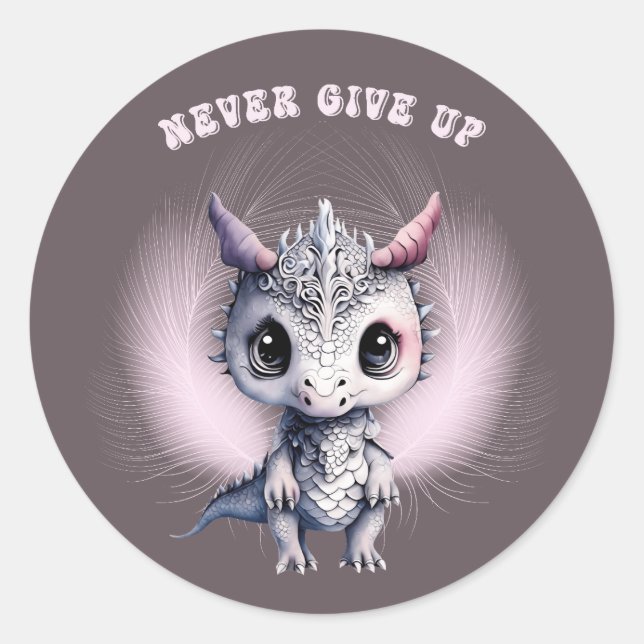 Adesivo Redondo Cute "Nunca Desista", Dragão de Penas (Frente)
