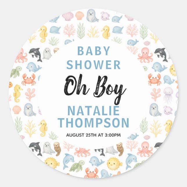 Adesivo Redondo Cute Ocean Under the Sea Animal Baby Shower (Frente)
