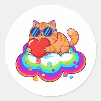 Adesivo Redondo Cute Orange Cat Holding Red Heart on Rainbow Cloud