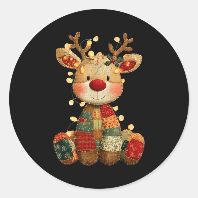 Adesivo Redondo Cute Patchwork Reindeer Christmas Xmas Men Women K (Frente)