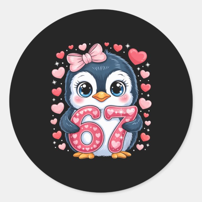Adesivo Redondo Cute Penguin 67 Six Seven Valentine Hearts 6 7 Mem (Frente)