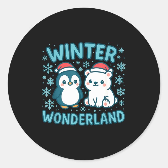 Adesivo Redondo Cute Penguin And Lar Bear Winter Wonderland Christ (Frente)