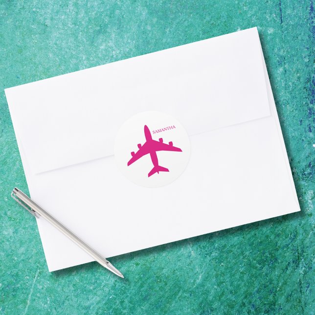 Adesivo Redondo Cute Pink Airplane Girl Pilot Personalized  (Criador carregado)