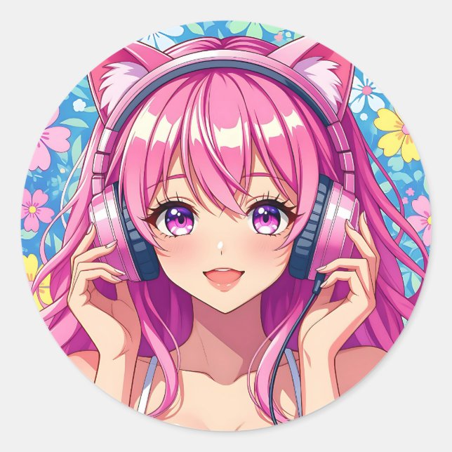 Adesivo Redondo Cute Pink Anime Girl with Headphones (Frente)