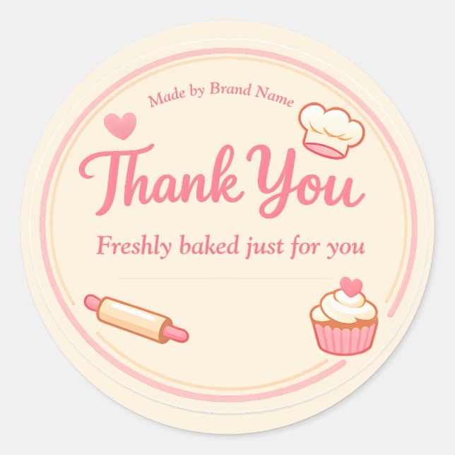 Adesivo Redondo Cute Pink Cupcake and Rolling Pin Bakery Thank You (Frente)