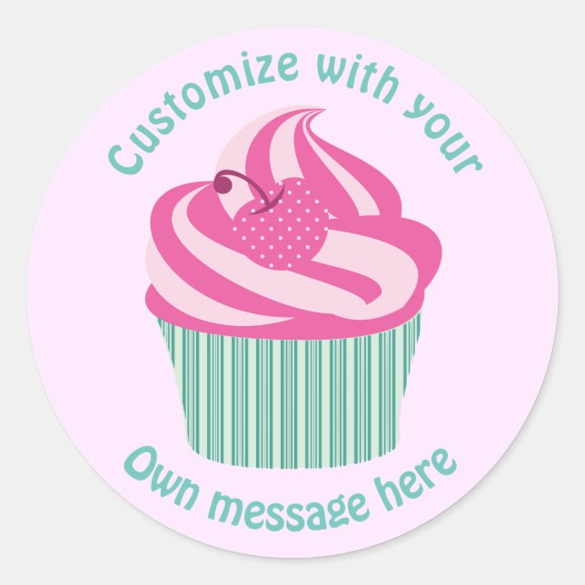 Adesivo Redondo Cute Pink Cupcake Pastel Pink Custom Text (Frente)