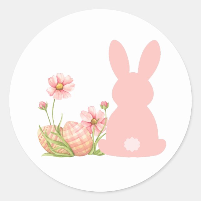 Adesivo Redondo Cute Pink Easter Bunny with Spring Flowers  (Frente)