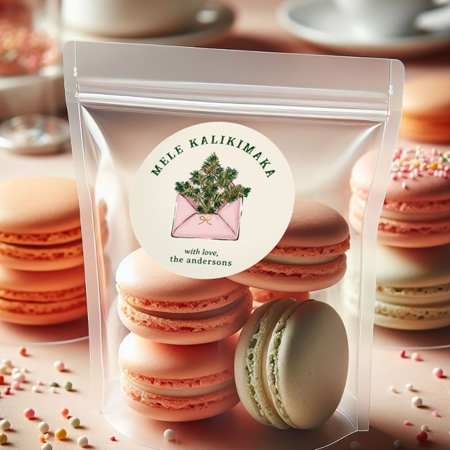 Adesivo Redondo Cute Pink Envelope Holly Greenery Mele Kalikimaka  (Criador carregado)