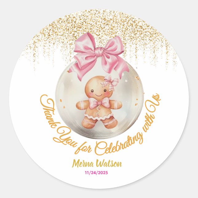 Adesivo Redondo Cute Pink Gingerbread Girl Bauble Christmas Baby  (Frente)