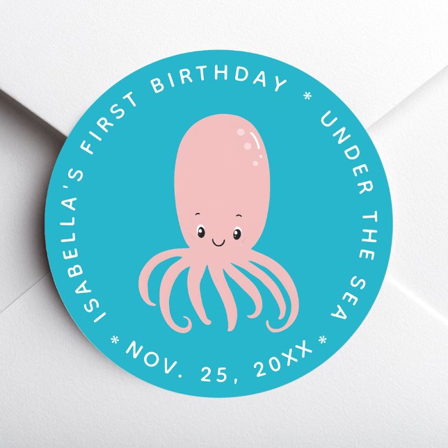 Adesivo Redondo Cute Pink Octopus Under the Sea 1st Birthday Blue (Criador carregado)