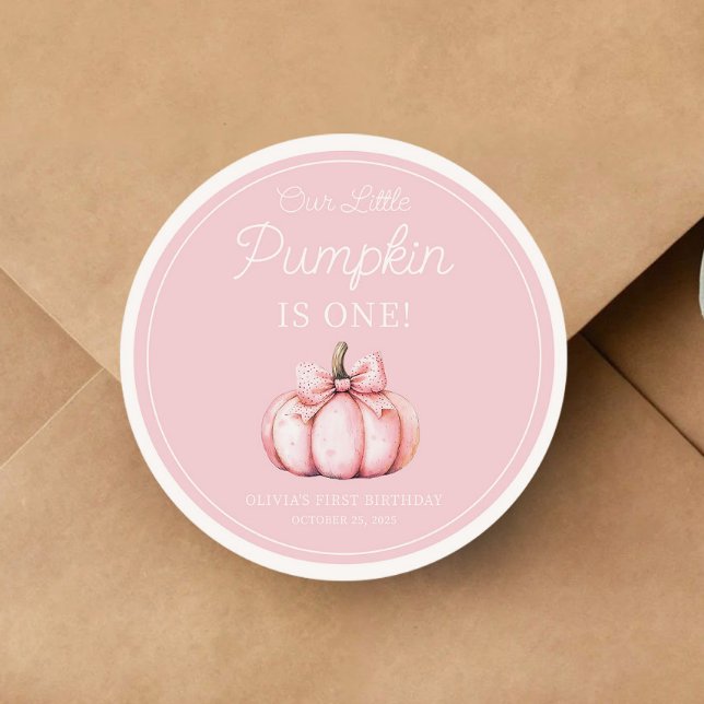 Adesivo Redondo Cute Pink Pumpkin Girl 1st Birthday (Cute Pink Pumpkin Girl 1st Birthday Classic Round Sticker)