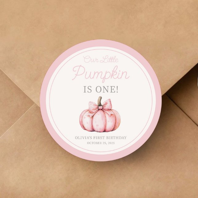 Adesivo Redondo Cute Pink Pumpkin Girl First Birthday (Cute Pink Pumpkin Girl First Birthday Classic Round Sticker)