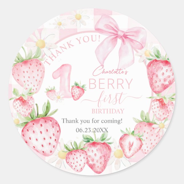 Adesivo Redondo Cute Pink Strawberries Berry First 1st Birthday (Frente)