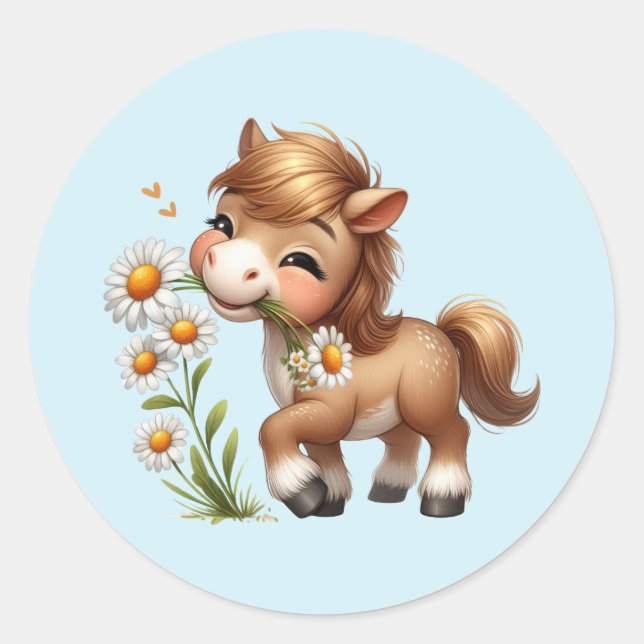 Adesivo Redondo Cute Pony Eating Daisies (Frente)