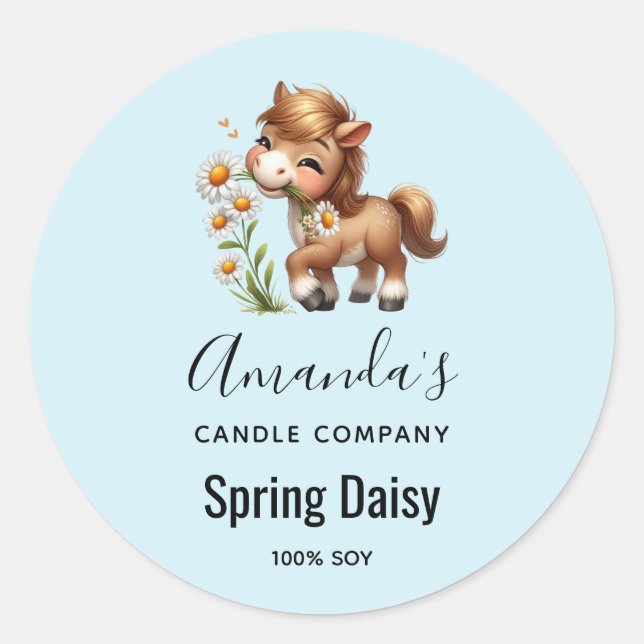 Adesivo Redondo Cute Pony Eating Daisies Candle Business (Frente)
