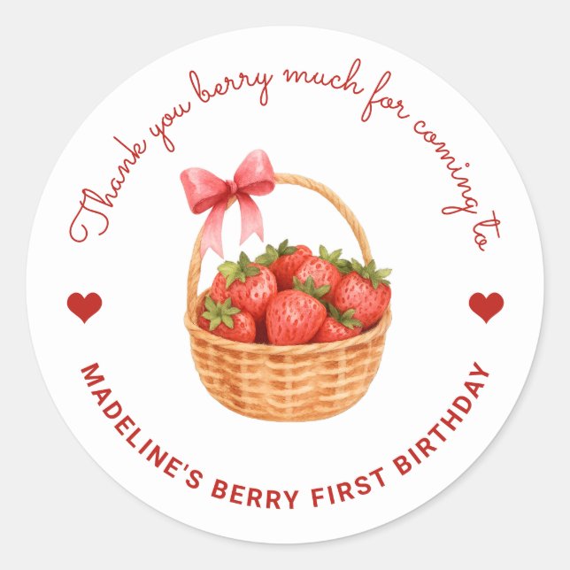 Adesivo Redondo Cute Preppy Berry First Birthday Strawberry Favor (Frente)