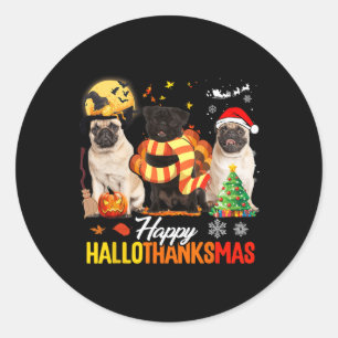 Adesivo Redondo Cute Pug Happy Hallothanksmas Halloween Thanksgivi