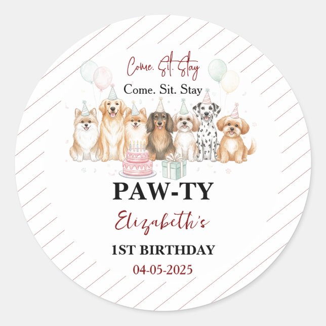 Adesivo Redondo Cute Puppy Dog Boy 1st Birthday | Pawty Time First (Frente)