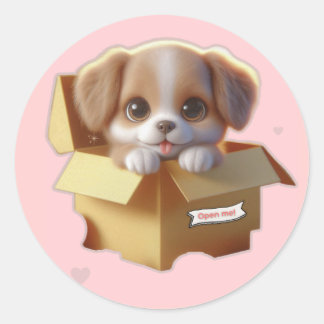 Adesivo Redondo Cute Puppy in a Gift Box Sticker | Kawaii Sticker