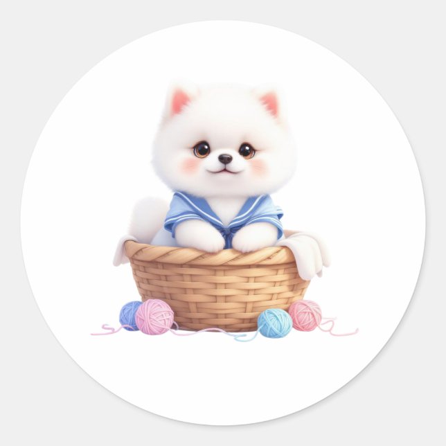 Adesivo Redondo Cute Puppy in Basket Sticker (Frente)