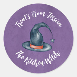 Adesivo Redondo Cute Purple Kitchen Witch Halloween Baking Treats