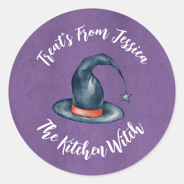Adesivo Redondo Cute Purple Kitchen Witch Halloween Baking Treats (Frente)
