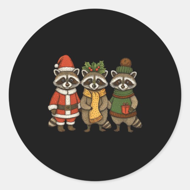 Adesivo Redondo Cute Raccoon Christmas Funny Holiday Santa Claus A (Frente)