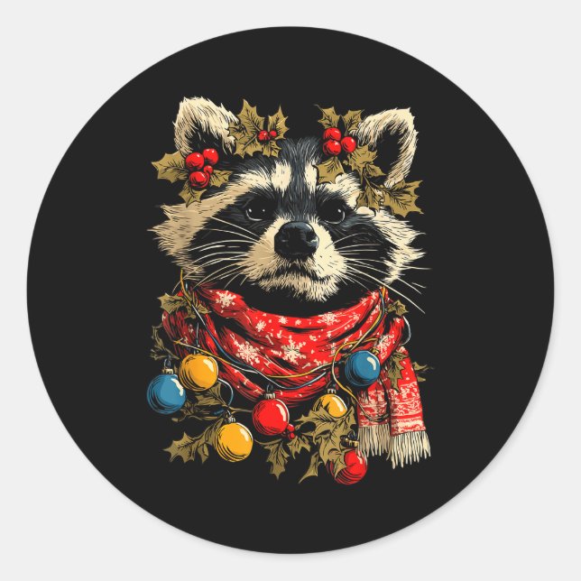 Adesivo Redondo Cute Raccoon F Christmas Lights Festive Forest Ani (Frente)